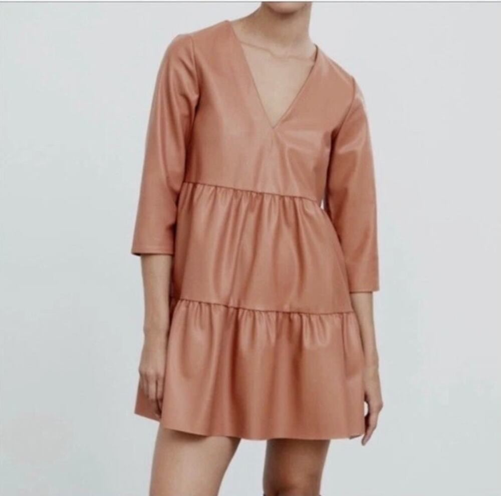 NWOT Zara Faux Leather Tiered Mini Dress Tan Brown Size S